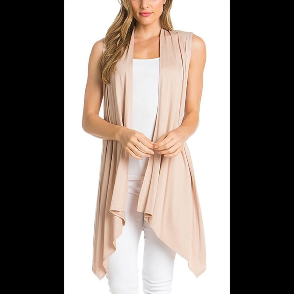 Sleeveless Asymetric Hem Open Front Drape Long Cardigan Vest